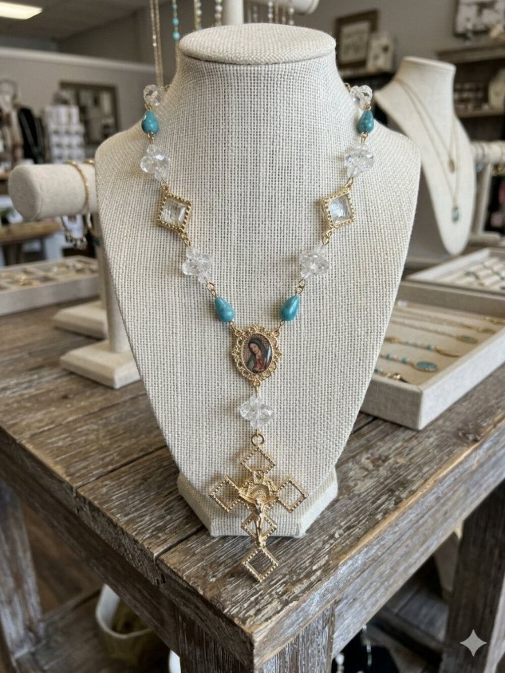 Gold Venetian Cross Rosary Necklace Turquoise  Color Beads San Miguel Mexico